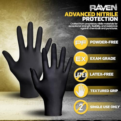 Raven Powder Free Nitrile Disposable Gloves | 7 Mil | Latex Free, Chemical + Puncture Resistant, Single Use | - size: X-Large, style: Glove