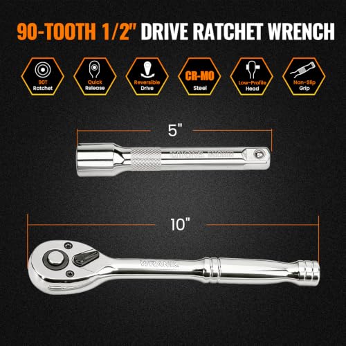 1/2" Drive Ratchet Wrench Set, 90T Quick-Release Reversible Ratchet, Cr-Mo Head with 5" Extension Bar for Automotive & Home Repair - size: 1/2"