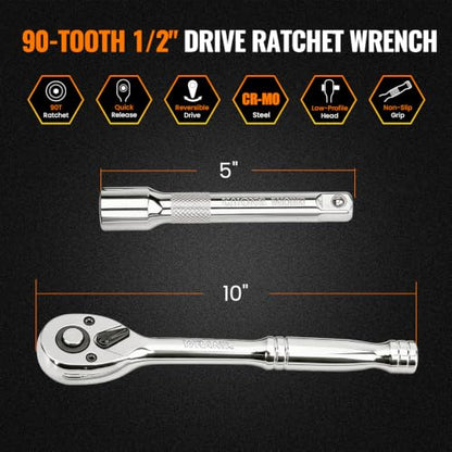 1/2" Drive Ratchet Wrench Set, 90T Quick-Release Reversible Ratchet, Cr-Mo Head with 5" Extension Bar for Automotive & Home Repair - size: 1/2"