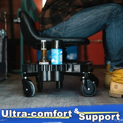 Rolling Stool with Wheels, Adjustable Height Pneumatic Garage Work Mechanic Stool Seat with Backrest, 400 LBS Capacity 360° Swivel Mechanic Crepper Chair with Tool Tray Storage, Blue - color: Carbon Fiber Blue