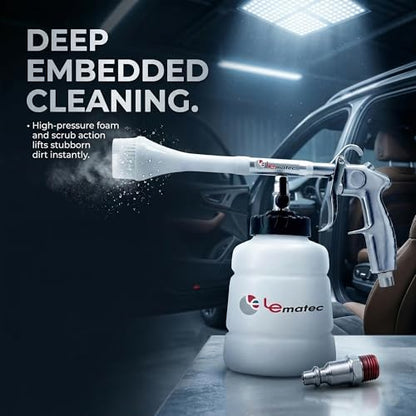 LE LEMATEC Interior Detailing Gun, Air Foam Car Wash Tool with Scrub Brush | Cleans Upholstery Carpet Vents Seats, Pneumatic Tornado Cannon, Solution Bottle, Auto Detail Kit - size: 3,000+ RPM