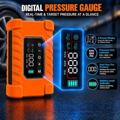 140 PSI Portable Tire Inflator for Cars, Motorcycles, Bikes & Balls | Portable Air Pump with Digital Pressure Gauge, Auto Shut-Off, Bright LED Light & Rechargeable Battery