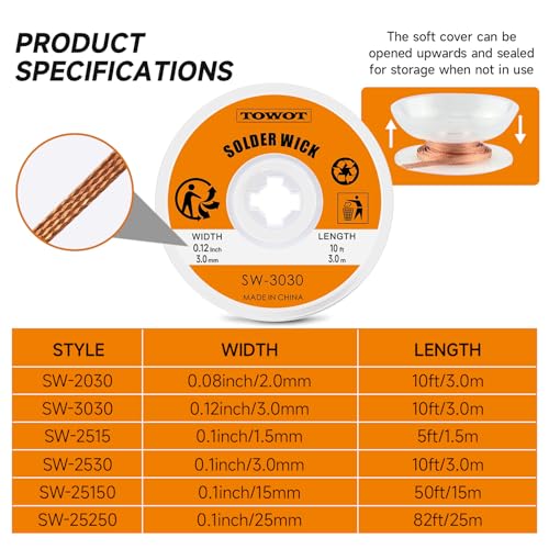 TOWOT Solder Wick, Desoldering Braid, Flux Wick, and Desoldering Wicks - Efficient and Professional Solder Removal SolutionSolution - style: 49.21ft