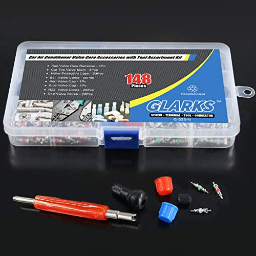 Glarks 148Pcs Tire Valve Car Air Conditioner Valve Core Kit, Tyre Air Valve Cap Tire Valve Core Tire Valve Stem Air Conditioning Valve Core with Dual Head Valve Core Remover Tool 6 in1 Tire Repair Set - style: 148Pcs