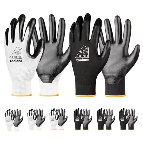 toolant Nitrile Coating Work Gloves for Men, Superior Oil Resistance, Safety Work Gloves with Grip, Touch Screen - color: White&black (6 Pairs), size: X-Large