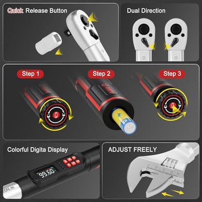VANPO Adjustable Digital Torque Wrench, 5-99.6 Ft.lb/6.8-135Nm for Split AC | Electronic Torque Wrench with 38mm Jaw and 1/2" Ratchet, ±2% Accuracy, Buzzer, Vibration and LED Indicator for Moto, Car - size: 5-99.6 Ft.lb/6.8-135 Nm(14×18mm)
