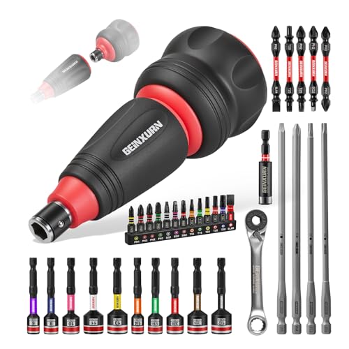 Geinxurn 35Pieces Impact Magnetic Screwdriver Set Include Stubby 2in1 Rachet Screwdriver Handle, Dual End Ratchet Socket Wrench, Bit Holder and Nut Driver for Repair & Outdoor Work - style: 35pcs