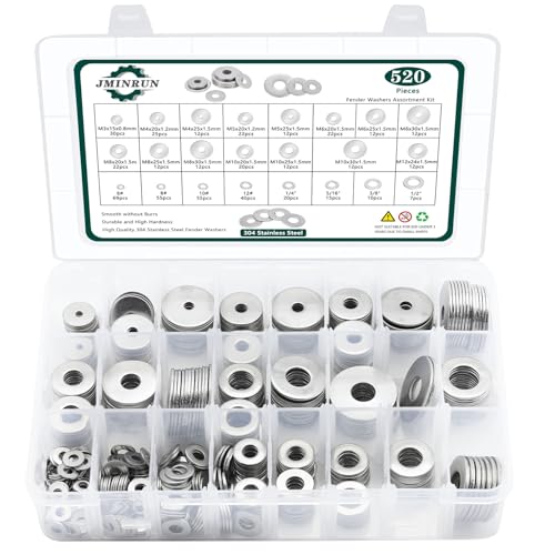 Fender Washers, 520 Pcs SAE + Metric 23 Sizes Flat Washers Assortment Set, 304 Stainless Steel Assorted Hardware Washers Kit for Bolts (M3 M4 M5 M6 M8 M10 M12 6# 8# 10# 1/4 5/16 3/8 1/2) - color: Fender Washers - SAE + Metric - 520 Pcs