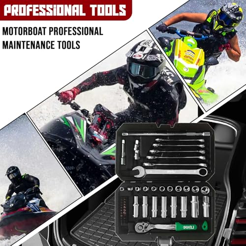 49-Piece Professional Motorboat & Yacht Maintenance Tool Kit, High-Strength Chrome Vanadium Steel with 72-Tooth Ratchet Wrench, 1/4 & 3/8 Inch Drive Metric & Standard Socket Wrench Set - color: Silver-49pcs