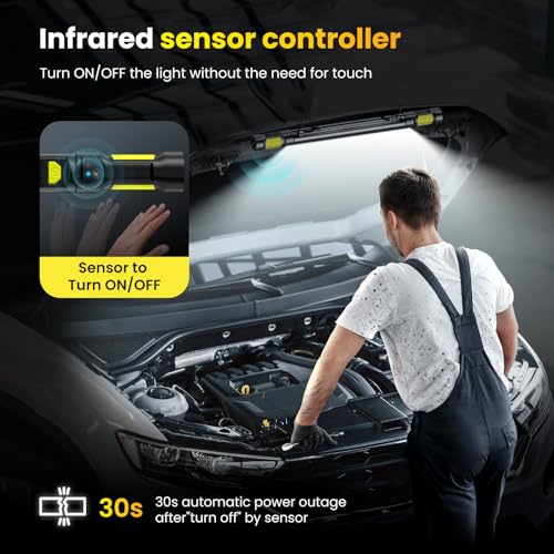 Work Light【AUTO ON/Off】 3000LM LED Work Light 5200mAh Under Hood Working Light with Hooks, Portable Magnetic Rechargeable Cordless Job Site Lighting for Mechanic/Car Repairing/Garage-Yellow