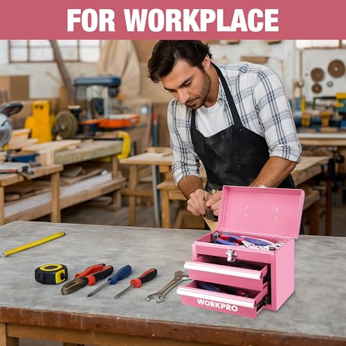 WORKPRO Portable Mini Tool Box, 2 Drawers Metal Tool Chest with Ball Bearing Slides, Top Storage with Latch, Ergonomic Carrying Handle, Toolbox with PVC Liners and PP Feet Pads - Pink Ribbon - color: Pink