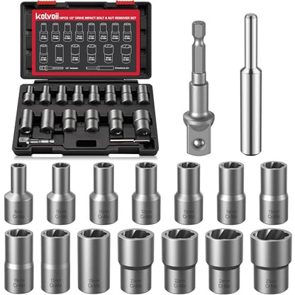 Kolvoii 16-Piece 1/2" Drive Bolt Extractor Kit & Nut Extractor Socket Set | Lug nut removal tool with deep extractor sockets; reverse spiral flutes grip damaged bolts and rounded nuts - size: 16 PCS