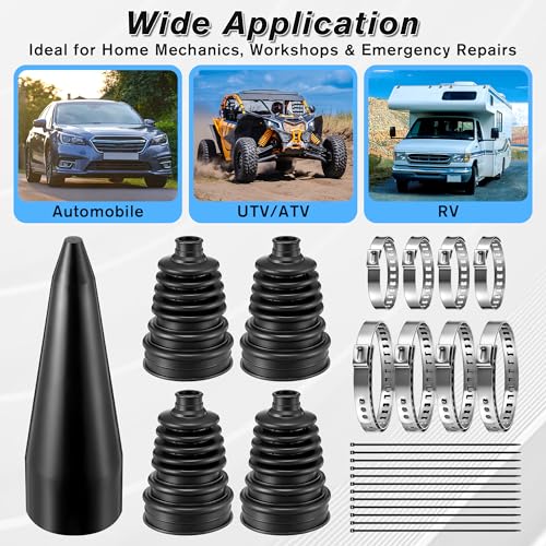 4 PACK Rubber CV Axle Boot Repair Kit with CV Boot Tool Cone Mounting | No Axle Removal Required, Flexible Leak Proof Protection, 8pcs Stainless Steel Clamps & 12pcs Zip Ties, Universal Vehicle