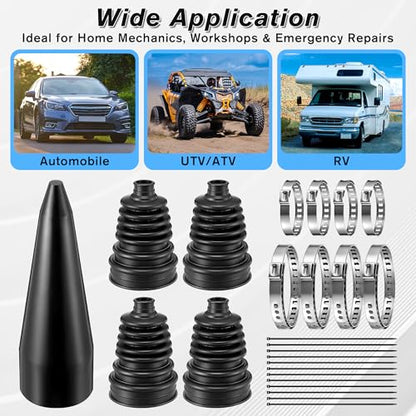 4 PACK Rubber CV Axle Boot Repair Kit with CV Boot Tool Cone Mounting | No Axle Removal Required, Flexible Leak Proof Protection, 8pcs Stainless Steel Clamps & 12pcs Zip Ties, Universal Vehicle