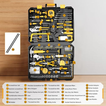 GRENPRO 218PCS Basic Auto Hand Tool Set Household Repair Tool Box Kit | Portable Tool Box, CR-V Steel, Complete Kit, Anti-Drop Slots, Household DIY, Auto Motorcycle, Home Garage For Men & Women - style: Yellow Hand Tool Set 218PC