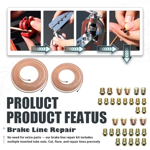 Brake Line Flaring Tool Kit,Complete Brake Line Kit with Tubing (25Ft 3/16" + 25Ft 1/4"),Double & Single Flare Tool,Portable Brakes Lines Repair Kits for Most Hydraulic Systems