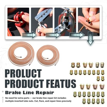 Brake Line Flaring Tool Kit,Complete Brake Line Kit with Tubing (25Ft 3/16" + 25Ft 1/4"),Double & Single Flare Tool,Portable Brakes Lines Repair Kits for Most Hydraulic Systems