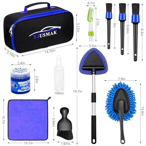Windshield Cleaning Tool, 13PCS Car Detailing Kit Interior Cleaner, Car Window Cleaner with Extendable Handle, Car Interior Cleaning Kit with Detailing Brushes for Women Men (Blue) - color: blue