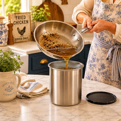 Oggi Stainless Steel Jumbo Grease Container with Removable Strainer and Snug Lid. Perfect container for fryer oil, bacon drippings, lard and ghee oil. Large capacity can - 1 Gall / 4 Qt / 3.75 Lt - size: 4 Quarts