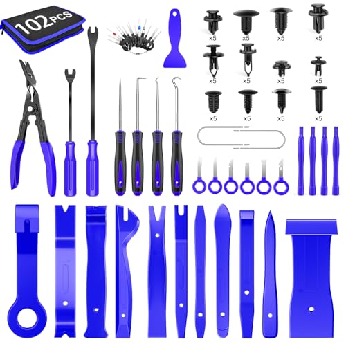 GOOACC 102Pcs Trim Removal Tool, Auto Push Pin Nylon Bumper Retainer Clip Set Fastener Terminal Remover Tool Round Handle Crowbar Pry Kit Car/Radio Panel - color: 60Pcs Clips + 42 Remover