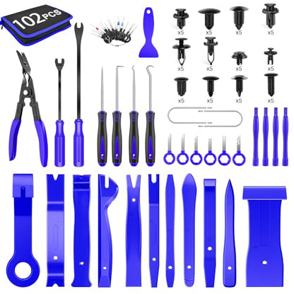 GOOACC 102Pcs Trim Removal Tool, Auto Push Pin Nylon Bumper Retainer Clip Set Fastener Terminal Remover Tool Round Handle Crowbar Pry Kit Car/Radio Panel - color: 60Pcs Clips + 42 Remover