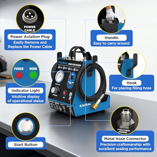 Brake Bleeder Kit Automatic 7~36PSI Electric Brake Fluid Bleeder 1.6L/min Flow Airless Vacuum Filling, Adjustable Brake Pressure Bleeder Pump with 3 Master Cylinder Adapter, Fluid Shortage Protection