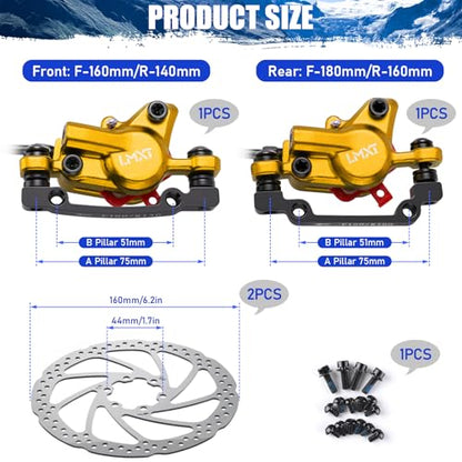 TOBWOLF Premium Gold MTB Hydraulic Disc Brake Set, Pre-Bled Dual Piston Aluminum Calipers & Levers with 160mm Rotors, Left Front 810MM & Right Rear 1470MM for Mountain Bike, E-Bike, Fat Bike - color: Gold Hydraulic Disc Brake Set - Dual Piston