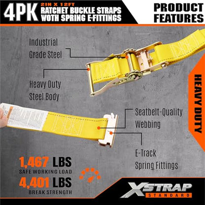 XSTRAP STANDARD 4-PK 2" x 12' E-Track Heavy Duty Ratchet Tie Down Straps | 4,400lbs Break Strength Cargo Securement Straps for Trailers, Trucks, Vans & Motorcycles with Spring Fittings (Yellow) - size: Yellow-4PK-12FT