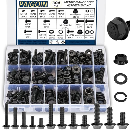 304PCS Metric Flange Bolt Assortment Kit 10.9 Grade Black Hex Bolts M6x1.0, M8x1.25, M10x1.5 (12mm to 30mm) Assorted Bolts and Nuts Washers Kit for Automotive - size: Flange Bolts-304PCS KIT