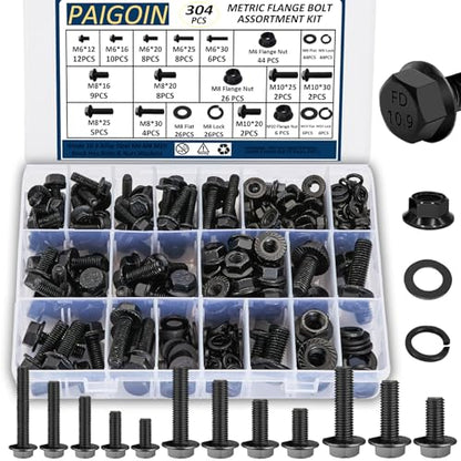 304PCS Metric Flange Bolt Assortment Kit 10.9 Grade Black Hex Bolts M6x1.0, M8x1.25, M10x1.5 (12mm to 30mm) Assorted Bolts and Nuts Washers Kit for Automotive - size: Flange Bolts-304PCS KIT