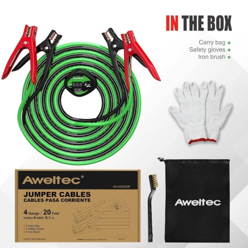 Heavy Duty Jumper Cables,4 Gauge 20 Feet Booster Cable with Reverse & Power Battery Tester, Smart Safety Protector Automotive Wire for Cars Trucks,Carry Bag,Safety Gloves,Iron Brush - size: Protector 4GA 20FT