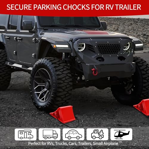 4 Pack Wheel Chocks, Heavy Duty Non Slip Wheel Chocks with Rope, Plastic Hard Wheel Stoppers Block for Camper Cars, RV Trailer, Trucks, Red - color: Red