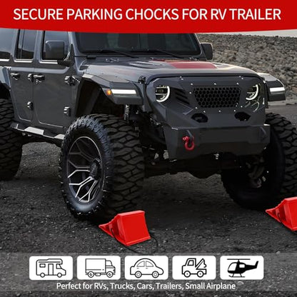 4 Pack Wheel Chocks, Heavy Duty Non Slip Wheel Chocks with Rope, Plastic Hard Wheel Stoppers Block for Camper Cars, RV Trailer, Trucks, Red - color: Red