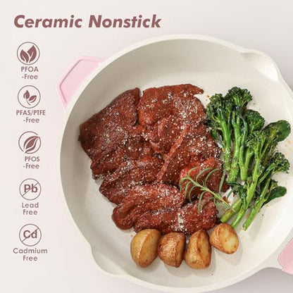SENSARTE Nonstick Skillet with Lid 12-inch, 5QT Ceramic Deep Frying Pan, Non Toxic Saute Pan with Lid, Healthy Dishwasher Safe Cooking Pot, Induction Pan with Stay-cool Handle, Pink - color: Sakura Pink, size: 12-inch/5QT