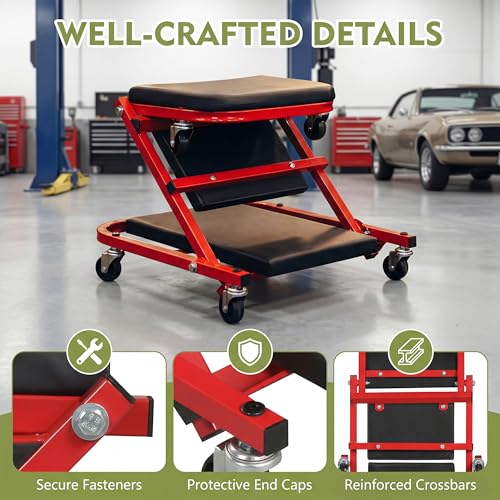 IRONMAX Folding Mechanic Z-Creeper, 2-in-1 Automotive Creeper & Stool, 36" Rolling Garage Tool with Padded Seat & 6 Swivel Casters, 400 LBS Capacity, Lay Down Sit for Under Car Repair (Red, 36-inch)