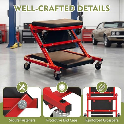 IRONMAX Folding Mechanic Z-Creeper, 2-in-1 Automotive Creeper & Stool, 36" Rolling Garage Tool with Padded Seat & 6 Swivel Casters, 400 LBS Capacity, Lay Down Sit for Under Car Repair (Red, 36-inch)