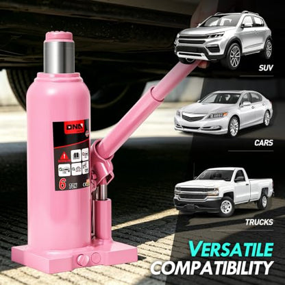 DNA Motoring 6 Tons / 12000 lbs Lifting Automotive Welded Hydraulic Bottle Jack for Car SUV Pickup Truck, Auto Repair, with Manual Handle & Carrying Storage Case, Pink - color: Pink, style: 6 ton