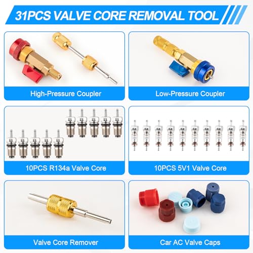 31PCS Professional AC Valve Core Removal Tool for R134A Refrigerant Systems, Quick Remover & Installer for High/Low Pressure Ports, Includes Valve Core Tool Set, Service Port Caps & Stem Kit