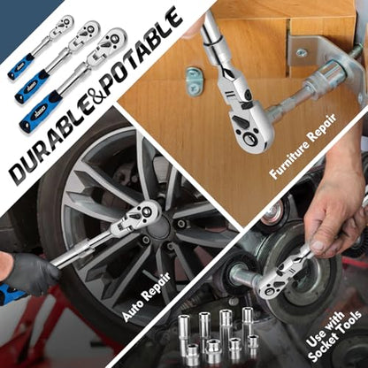 DISEN 3-Piece Extendable Flex-Head Ratchet Wrench Set with EVA Storage Case - 1/4", 3/8", 1/2" Drive, 72-Tooth, Rubber Grip, Adjustable Length - Professional Automotive and DIY Tools - size: 1/4''+3/8''+1/2'' Set, style: 72T Extendable&Flex-Head Ratchet