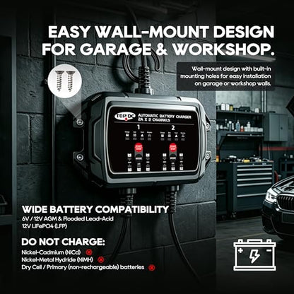 TOPDC 2-Bank 4A Smart Battery Charger for STD, AGM and LiFePO4 | Overcharge protection and temperature compensation help manage charging as battery and ambient temperatures change. - size: 4A (2A*2Banks)