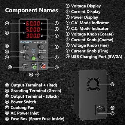 DC Power Supply Variable, 0-60V 0-5A Adjustable Switching DC Regulated Bench Power Supply with High Precision 4-Digit LED Display, 5V/2A USB Port, Coarse and Fine Adjustment SPS-6005 - color: SPS(Red LED), size: 60V 5A