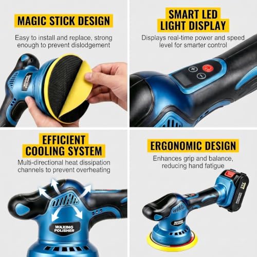 21V Cordless Car Buffer Polisher, 5500RPM 8-Speed Variable Dual Action Polisher, Complete Car Buffers and Polishers Kit with 2x 2.0Ah Battery, Car Polishing Kit for Auto Detailing, Waxing