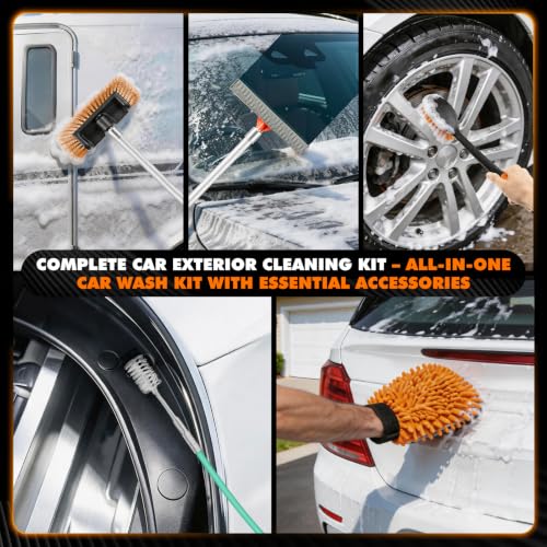 12FT Car Wash Brush with Long Handle,Car Cleaning Kit with Telescoping Pole,Soft Bristle Brush,Wheel Brush, Window Squeegee, Chenille Mop&Mitt, Sunroof Drain Tool, Bags for RV,Truck,boat