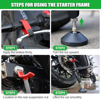 7-piece motorcycle cleaning kit, including Portable Lift Jack for Chain Maintenance & Wheel Cleaning with Chain Brush, Tire and Wheel Brush, Oil-Pads,Universal Fit for Dirt Bike, Motorcycle