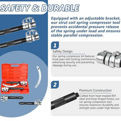 2pcs Coil Spring Compressor Tool, Heavy Duty Macpherson Strut Spring Compressor Set with Safety Bracket for Car Truck ATV UTV, 2200 LB Capacity, Coil Spring Compression Tool