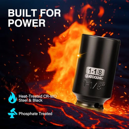 1/2" Drive x 1-1/8 Inch Deep 6PT CR-MO Impact Socket for Removing Axle nut | SAE Socket,6-Point Radius Corner Design,Two Size Markings,Square Chamfered Opening,For Removal of Axle Nut - size: 1-1/8 Inch, style: 1/2" Drive Deep Socket