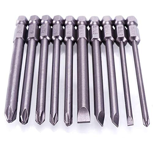 Rocaris 10pcs 1/4 Inch Hex Shank Long Magnetic Screwdriver Bits Set 4 in Power Tools (Slotted+Cross Head) - size: 10Pcs(Slotted+Cross)