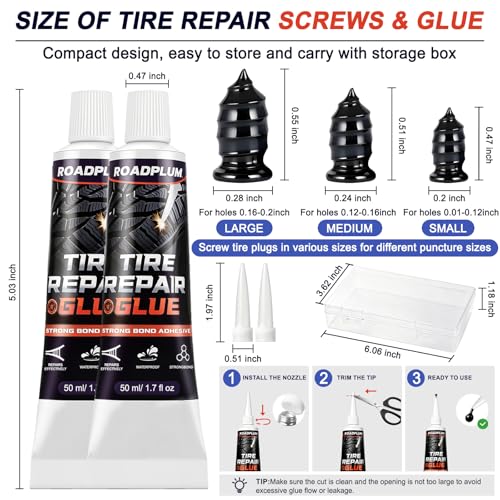 Tire Plugs Rubber Nails 3 Sizes & Repair Glue 100ML for Flat Tire Repair | Emergency Tire Repair Kit for Cars, Motorcycles, Trucks, Tractors & Bicycles, Puncture Fast Repair, No Tire Removal Required
