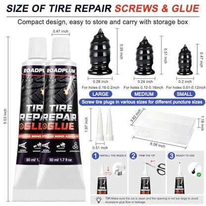 Tire Plugs Rubber Nails 3 Sizes & Repair Glue 100ML for Flat Tire Repair | Emergency Tire Repair Kit for Cars, Motorcycles, Trucks, Tractors & Bicycles, Puncture Fast Repair, No Tire Removal Required