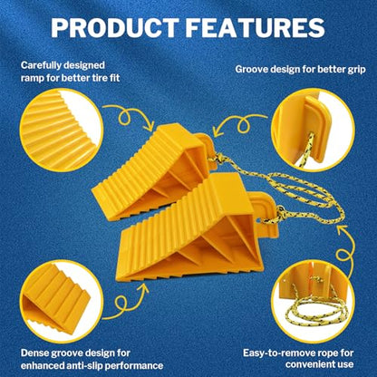 ROBLOCK 2 PCS Wheel Chocks for Travel Trailers, Heavy Duty Yellow Tire Stoppers with Rope, Non-Slip Grooved Wheel Blocks, Easy to Carry, Parking Stabilizer RV Accessories, Yellow - size: 2 PCS
